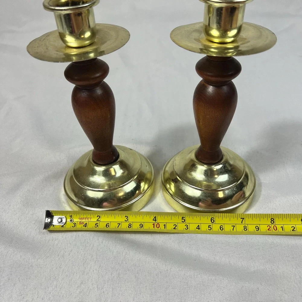 VTG Brass & Wood Candlestick Holders Pair Mid Century Traditional Candle Holders